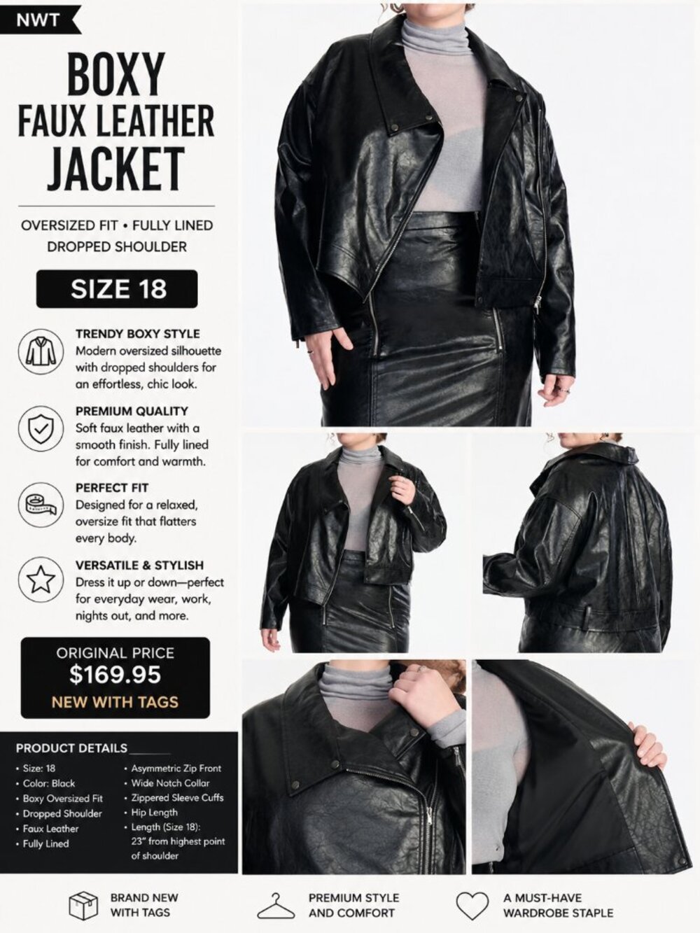 NWT Black Faux Leather Oversized Moto Jacket Size 18 Boxy Plus Size